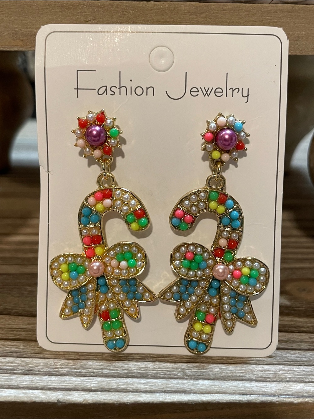 Fashion Jewelry Multicolor Beaded Candy Cane Drop Earrings